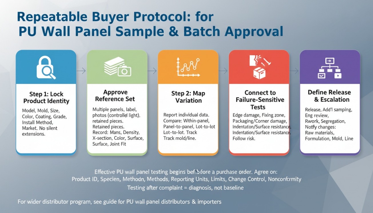 Five-stage PU wall panel sample-to-batch approval workflow from product identification to release rules.